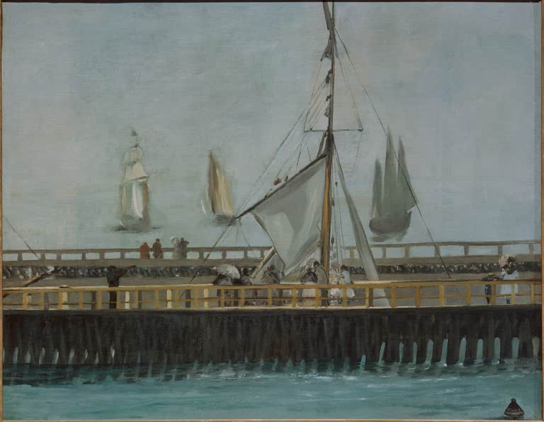 Édouard Manet Hafenmole in Boulogne-sur-Mer Kunstkopie, Segelschiffe im Dunst hinter einer Mole mit Spaziergängern