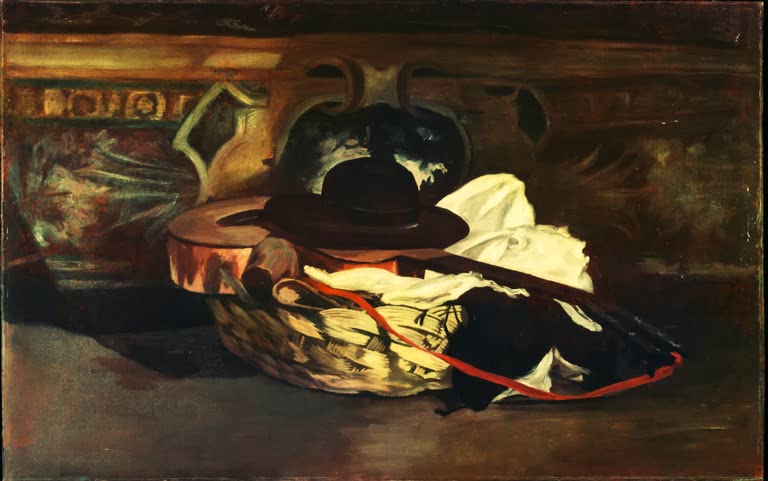 Édouard Manet Hut und Gitarre Kunstkopie, Stillleben mit Hut, Gitarre, Korb und weißem Tuch vor dunkler Wand