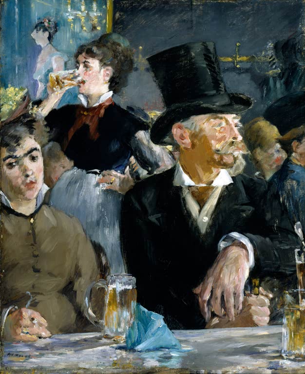 Édouard Manet Im Café, Baltimore 1879 Kunstkopie, Gäste mit Zylinder und Bierglas, Kellnerin trinkt im Hintergrund