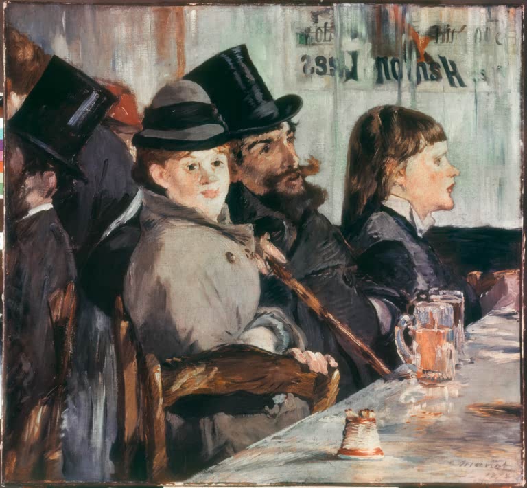 Édouard Manet Im Café Kunstkopie, drei Gäste mit Hut und Zylinder an einem Tisch mit Bierkrug in einem Pariser Café