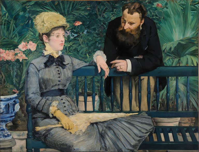 Édouard Manet Im Wintergarten Kunstkopie, Frau mit gelbem Hut und Mann mit Bart auf einer Bank zwischen Palmen