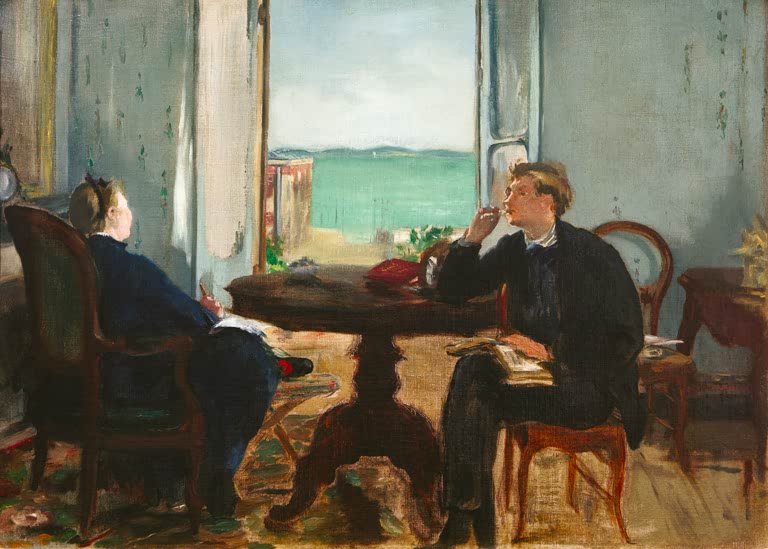Édouard Manet Interieur in Arcachon Kunstkopie, Frau und junger Mann am Tisch vor offenem Fenster mit Meerblick