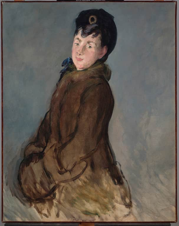 Édouard Manet Isabelle Lemonnier mit Muff, Dallas 1879 Kunstkopie, Frau im braunen Mantel mit Pelzkragen vor grauem Grund