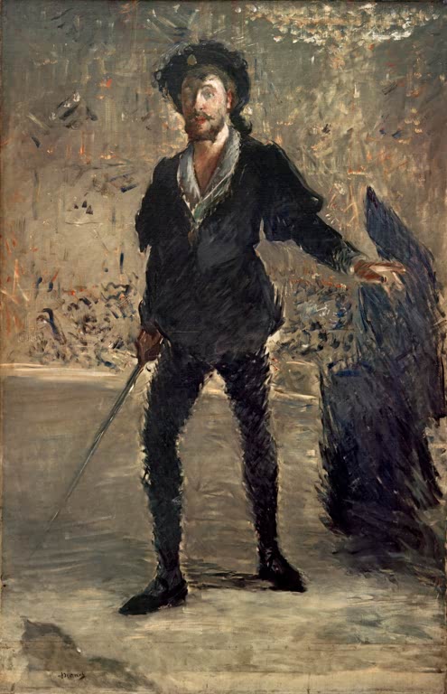 Édouard Manet Jean-Baptiste Faure als Hamlet, Hamburg Kunstkopie, Sänger in schwarzem Kostüm mit Degen auf der Bühne