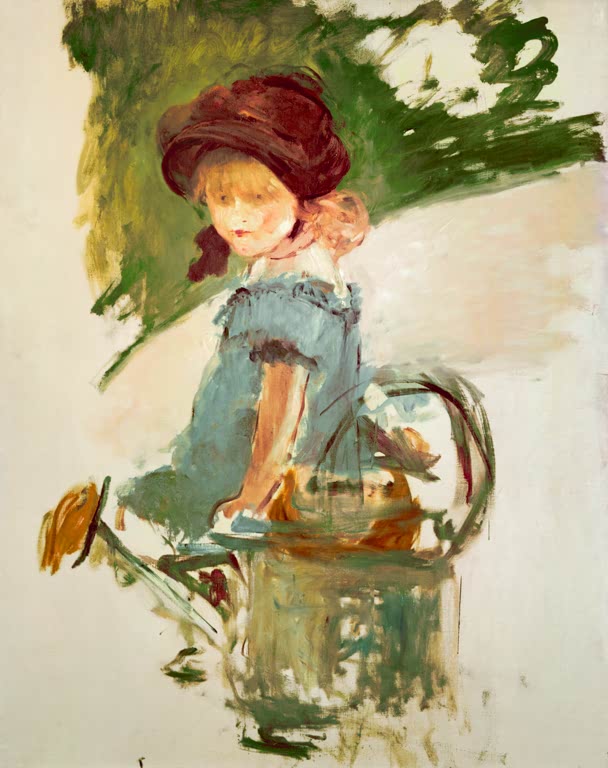 Édouard Manet Julie Manet auf der Gießkanne Kunstkopie, Mädchen mit rotem Hut im blauen Kleid auf heller Leinwand