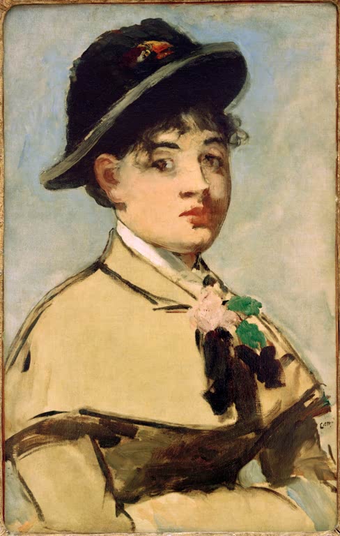 Édouard Manet Junge Frau mit Pelerine Kunstkopie, Schauspielerin Jeanne Demarsy mit dunklem Hut vor blaugrauem Grund