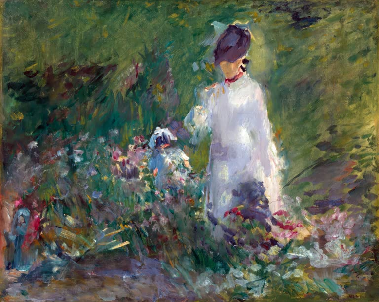 Édouard Manet Junge Frau zwischen Blumen Kunstkopie, Frau in weißem Kleid in einem blühenden Garten im Sonnenlicht