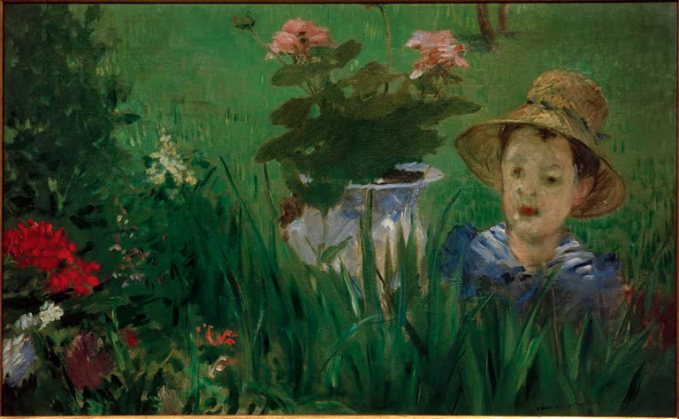 Édouard Manet Junge mit Blumen (Jacques Hoschedé) Kunstkopie, Kind mit Strohhut im grünen Garten mit Geranien