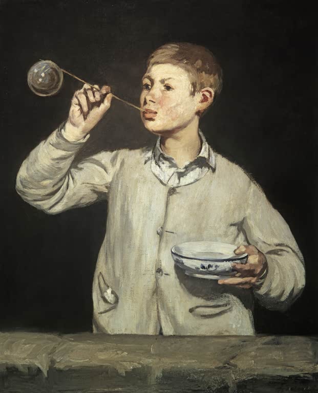 Édouard Manet Junge mit Seifenblase Kunstkopie, Knabe mit Strohhalm und Schale vor dunklem Grund, links eine schwebende Blase