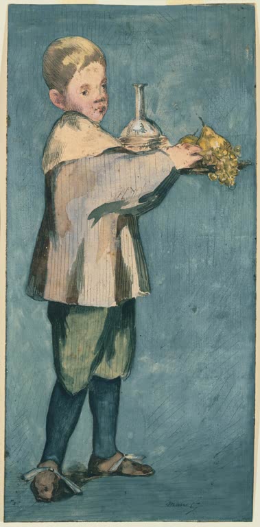 Édouard Manet Junge mit Tablett Kunstkopie, Kind im hellen Kittel trägt Karaffe und Trauben vor blauem Grund