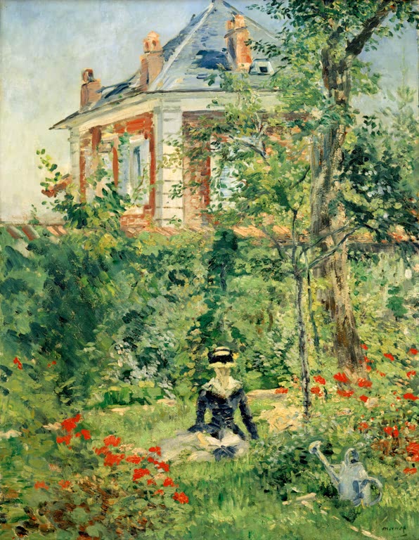 Édouard Manet Junges Mädchen im Garten von Bellevue Kunstkopie, Frau im Gras vor Pavillon mit roten Blumen und Gießkanne