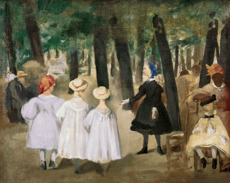 Édouard Manet Kinder in den Tuilerien Kunstkopie, Mädchen in hellen Kleidern und Strohhüten unter hohen Bäumen im Park