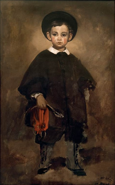 Édouard Manet Kinderbildnis Kunstkopie, ganzfiguriger Junge mit schwarzem Hut und dunklem Mantel vor braunem Grund