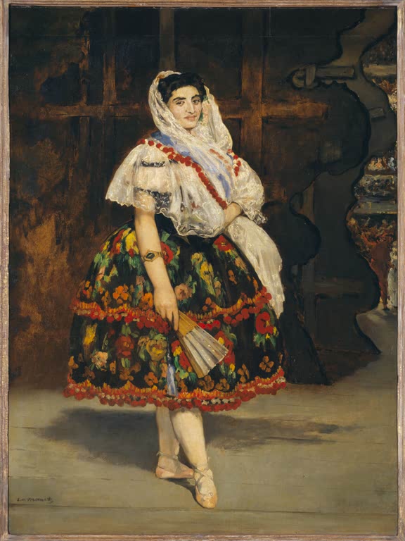 Édouard Manet Lola de Valence Kunstkopie, spanische Tänzerin in geblümtem Rock mit Fächer und Spitzenschal auf einer Bühne