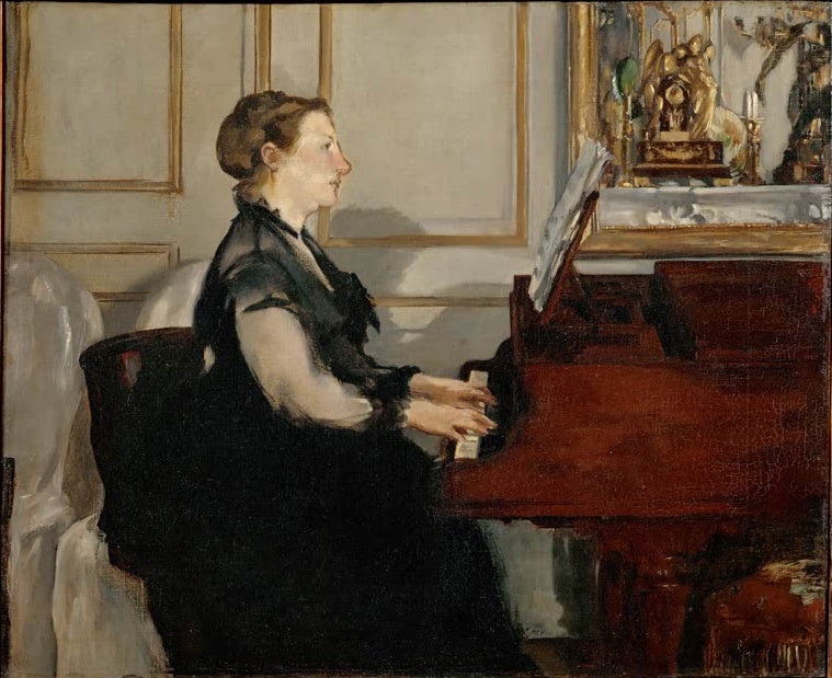 Édouard Manet Madame Manet am Klavier Kunstkopie, Frau in schwarzem Kleid im Profil an einem rotbraunen Flügel