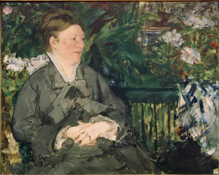 Édouard Manet Madame Manet im Wintergarten Kunstkopie, Frau in grauem Kleid sitzt zwischen üppigem Grün und weißen Blüten