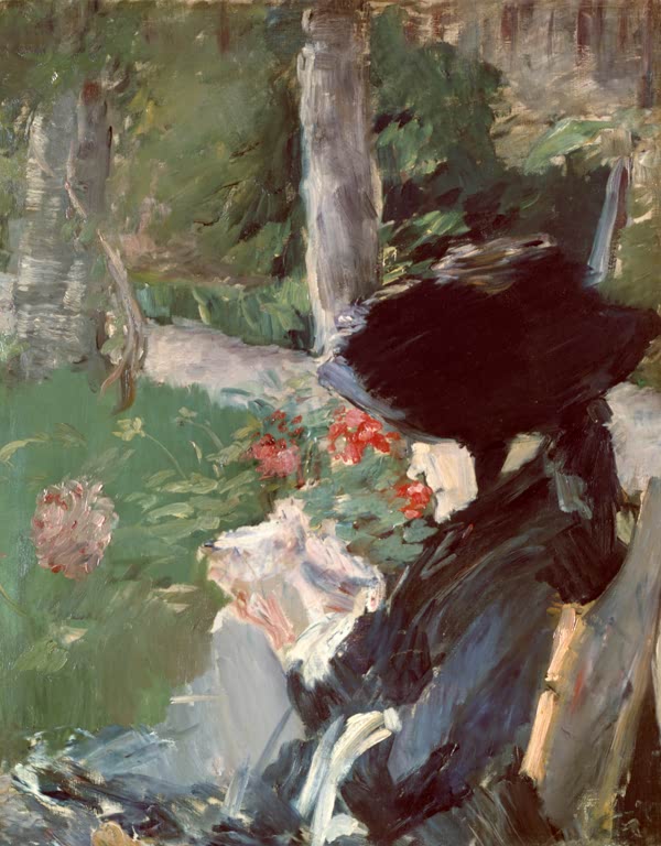 Édouard Manet Madame Manet mère im Garten von Bellevue Kunstkopie, Frau im schwarzen Kleid und Hut zwischen Grün und Blüten
