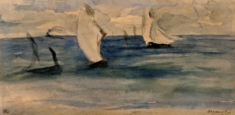 Édouard Manet Marine mit Segelbooten Kunstkopie, Aquarell mit hellen Segeln auf blaugrauer See unter Wolken
