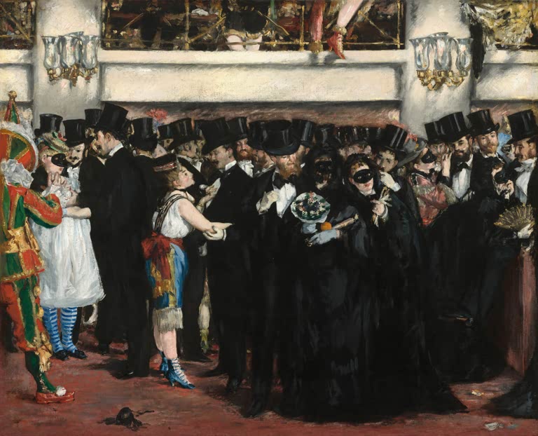 Édouard Manet Maskenball an der Oper in Washington Kunstkopie, Menge in schwarzen Anzügen und Zylindern mit Harlekin
