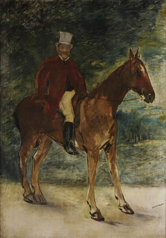 Édouard Manet Monsieur Arnaud zu Pferd Kunstkopie, Reiter in roter Jacke und Zylinder auf braunem Pferd vor grünem Laub
