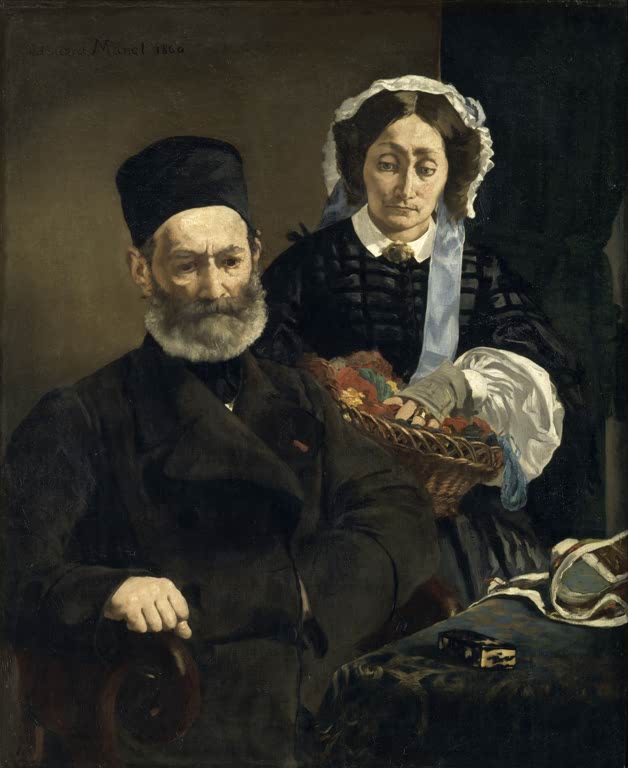 Édouard Manet Monsieur und Madame Auguste Manet Kunstkopie, Doppelporträt eines älteren Paares in dunkler Kleidung