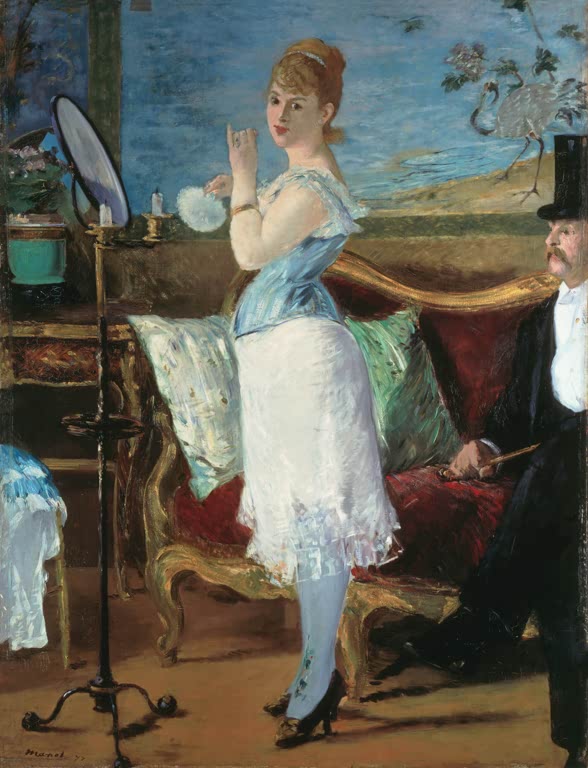 Édouard Manet Nana Kunstkopie, junge Frau im Unterrock am Spiegel, rechts ein Herr mit Zylinder auf einem Sofa