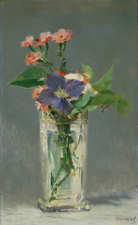Édouard Manet Nelken und Clematis in einer Kristallvase Kunstkopie, rosa Nelken und violette Clematis vor grauem Grund