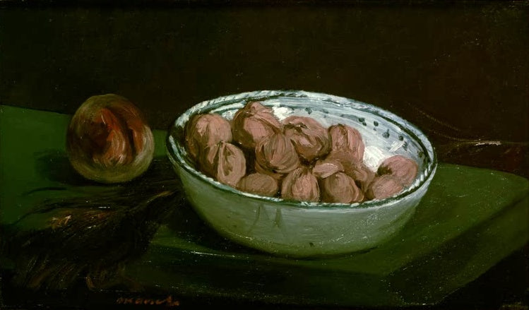 Édouard Manet Nüsse in einer Salatschüssel Kunstkopie, Walnüsse in heller Schale vor dunklem Grund mit grünem Tuch