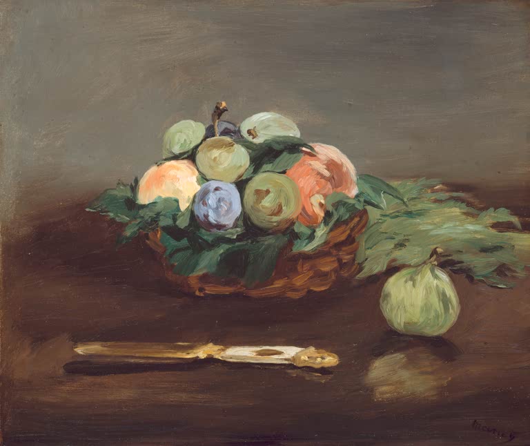 Édouard Manet Obstkorb Kunstkopie, Korb mit Pflaumen, Pfirsichen und Feigen, davor ein Obstmesser