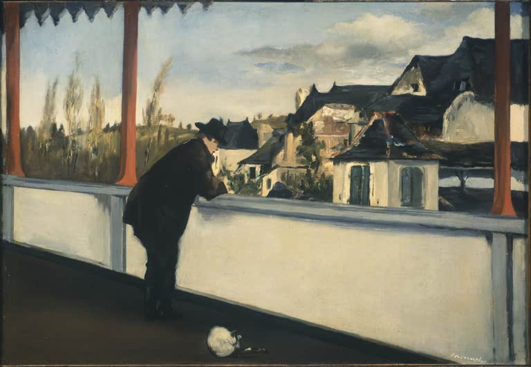 Édouard Manet Oloron-Sainte-Marie Kunstkopie, Mann auf Balkon blickt über Balustrade auf ein Dorf mit dunklen Dächern