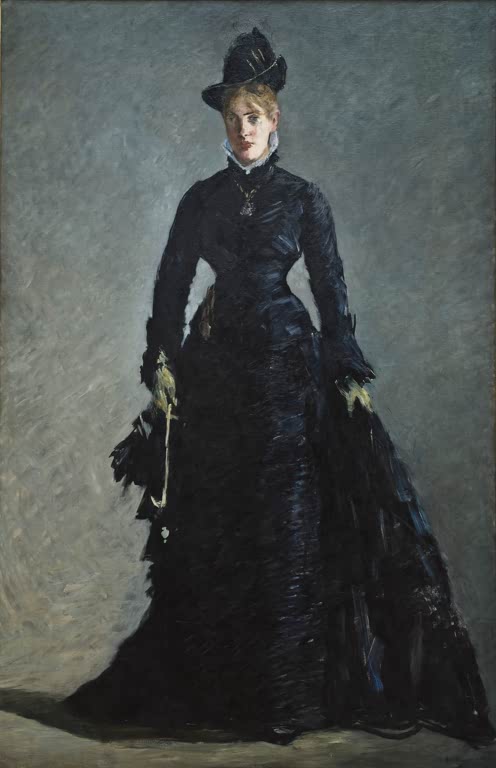 Édouard Manet Pariserin Kunstkopie, ganzfigurige Dame in dunklem Kleid mit Hut und gelben Handschuhen vor grauem Grund