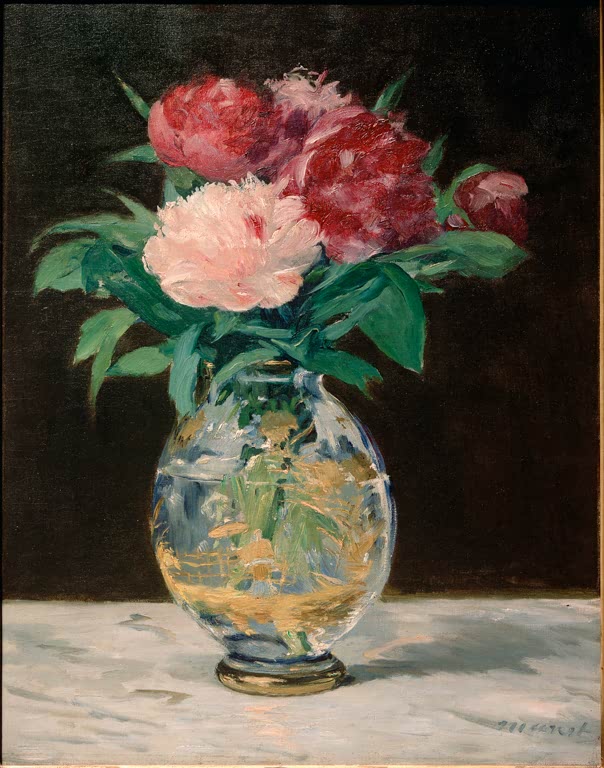 Édouard Manet Pfingstrosenstrauß Kunstkopie, rote und rosa Pfingstrosen in einer bauchigen Kristallvase