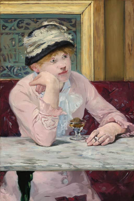Édouard Manet Pflaumenschnaps Kunstkopie, junge Frau mit Hut stützt den Kopf am Marmortisch, vor ihr ein Glas