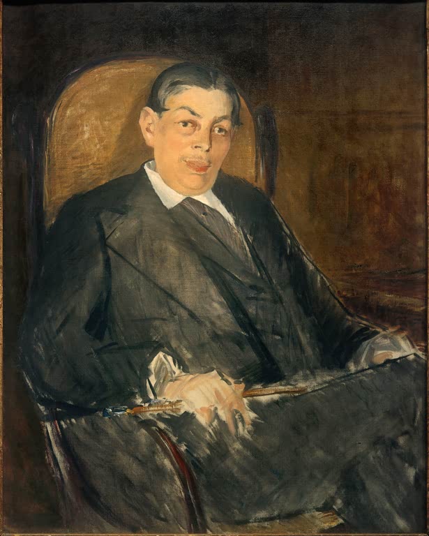 Édouard Manet Porträt Albert Wolff Kunstkopie, sitzender Mann im grauen Anzug im Lehnstuhl mit Stock in den Händen