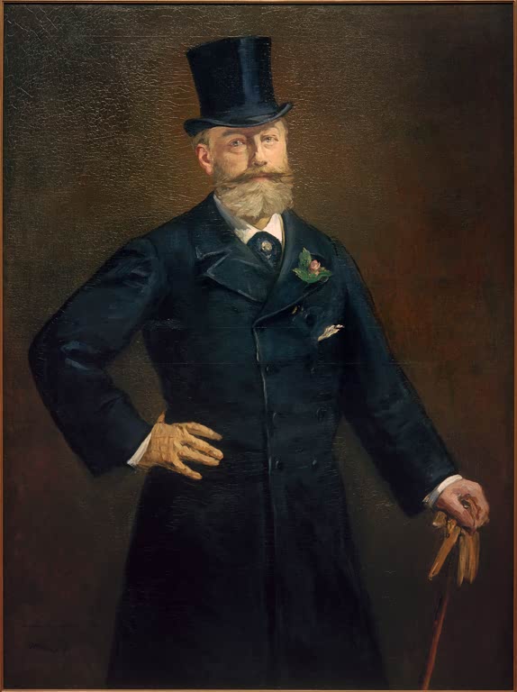 Édouard Manet Porträt Antonin Proust Kunstkopie, bärtiger Herr im dunklen Gehrock mit Zylinder, Blume und Spazierstock