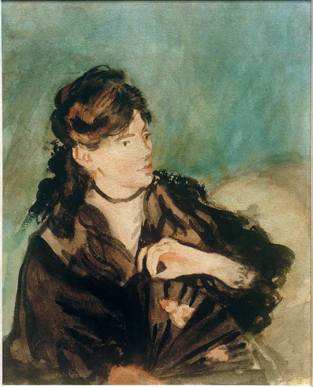 Édouard Manet Porträt Berthe Morisot mit Fächer Kunstkopie, junge Frau in braunem Umhang vor türkisgrünem Aquarellgrund