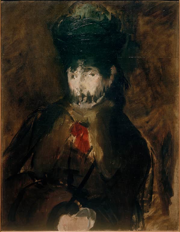 Édouard Manet Porträt Berthe Morisot mit Schleier Kunstkopie, Frau mit dunklem Hut, Schleier und roter Schleife