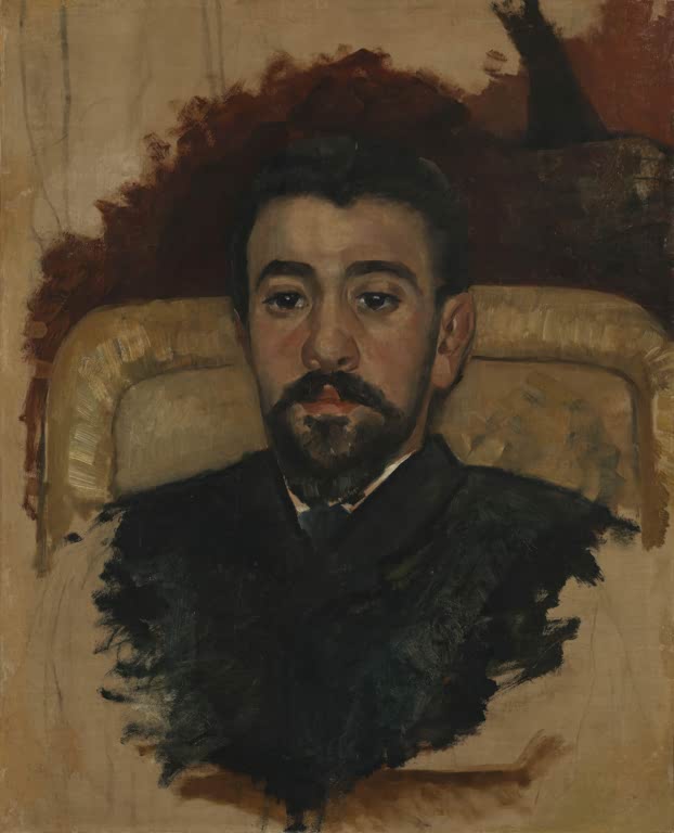 Édouard Manet Porträt des Malers Giuseppe de Nittis Kunstkopie, bärtiger Mann im Korbsessel vor ockerfarbenem Grund