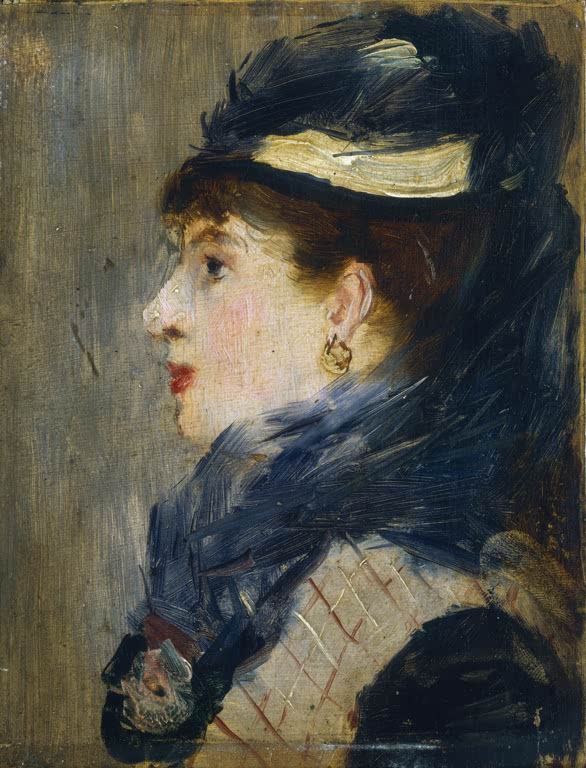 Édouard Manet Porträt einer Dame Kunstkopie, Frau im Profil nach links mit dunklem Hut, Ohrring und lockerem Pinselstrich
