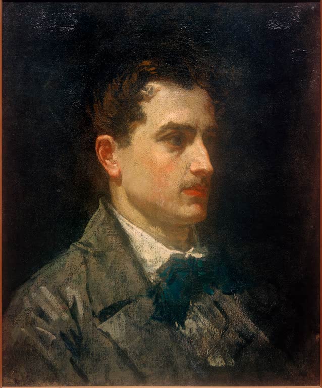 Édouard Manet Porträt eines jungen Mannes Kunstkopie, Brustbild im Halbprofil mit dunkelblauer Schleife vor dunklem Grund
