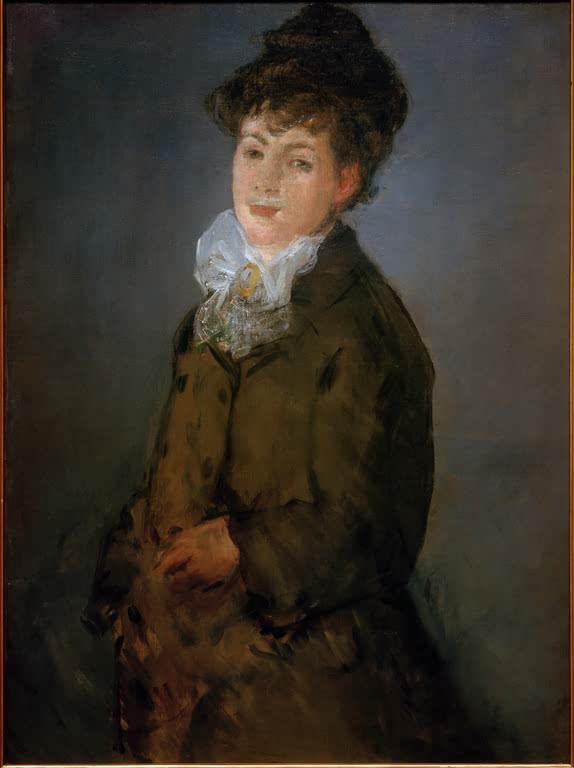 Édouard Manet Porträt Isabelle Lemonnier Kunstkopie, Frau im braunen Mantel mit weißem Spitzenkragen vor Blaugrau