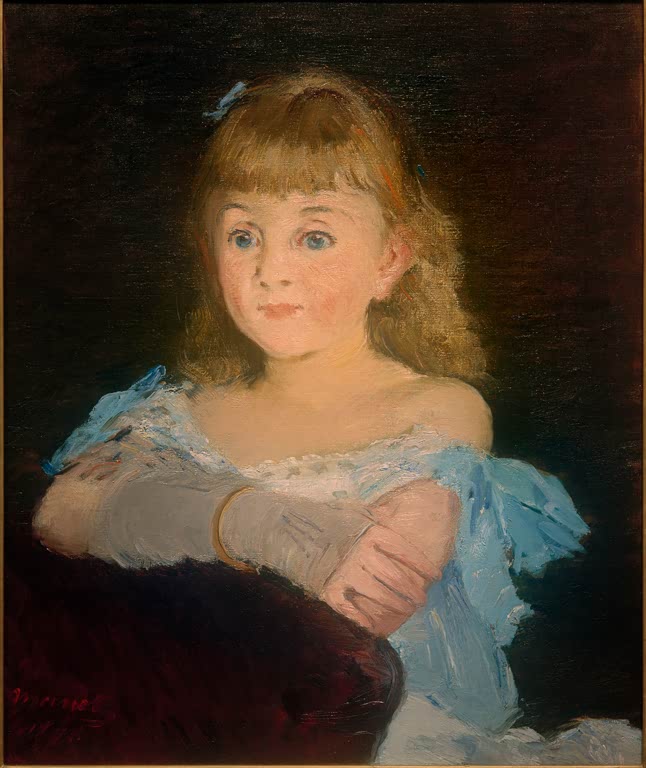 Édouard Manet Porträt Lise Campinéanu Kunstkopie, blondes Mädchen im hellblauen Kleid mit grauem Handschuh und Armreif