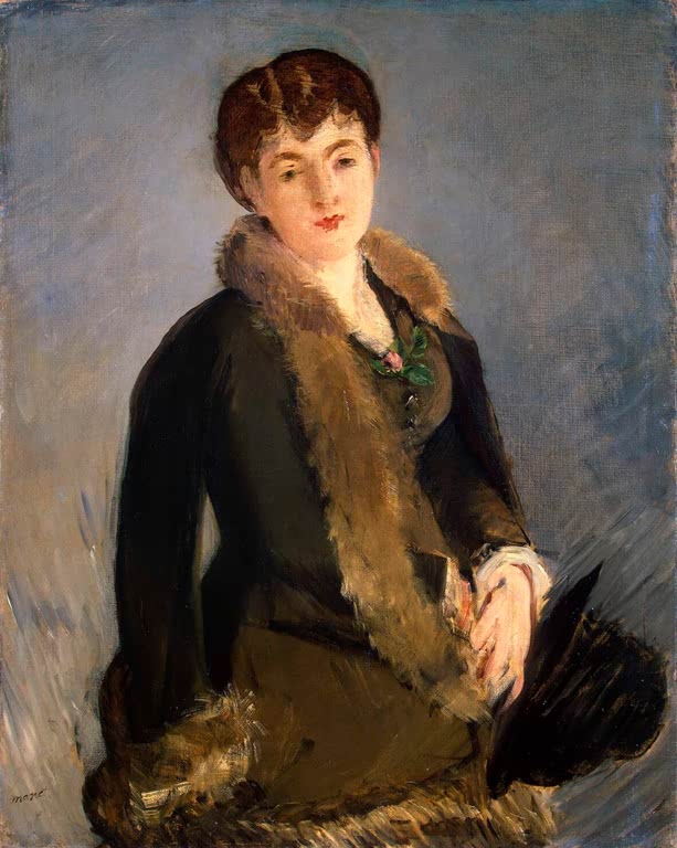 Édouard Manet Porträt Isabelle Lemonnier Kunstkopie, junge Frau im Mantel mit Pelzbesatz und Muff vor blaugrauem Grund