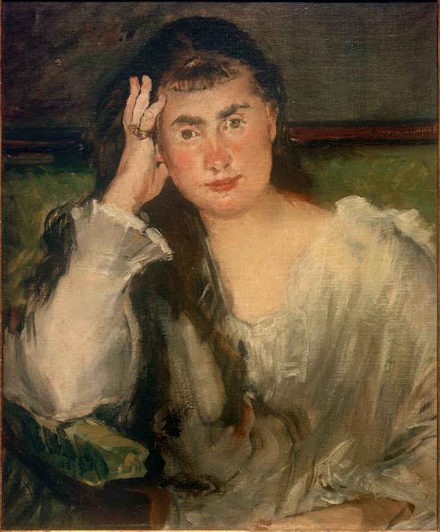 Édouard Manet Porträt Marguerite de Conflans Kunstkopie, junge Frau mit langem Haar stützt den Kopf auf die Hand
