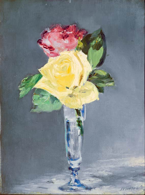 Édouard Manet Rosen im Champagnerglas Kunstkopie, gelbe und rosa Rose in schlankem Kelchglas vor grauem Hintergrund