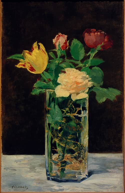 Édouard Manet Rosen und Tulpen in einer Kristallvase Kunstkopie, gelbe Tulpe und Rosen vor dunklem Hintergrund