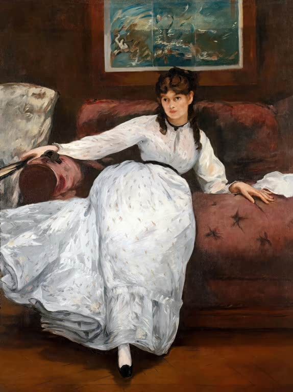 Édouard Manet Ruhe (Berthe Morisot) Kunstkopie, junge Frau im weißen Kleid auf einem Sofa vor einem Wandbild