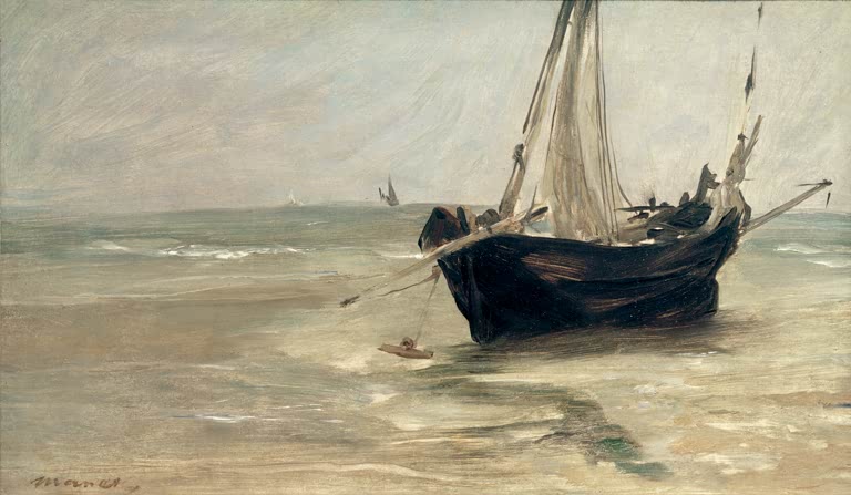 Édouard Manet Schwarzes Boot bei Berck Kunstkopie, dunkles Segelboot im flachen Wasser am Strand unter weitem grauem Himmel