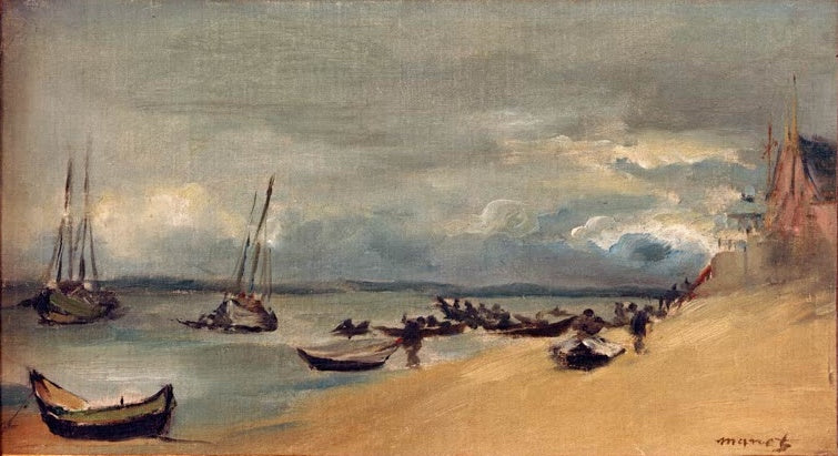 Édouard Manet Seestück. Arcachon, Sturmwetter Kunstkopie, Boote am Sandstrand unter dunkel bewölktem Himmel