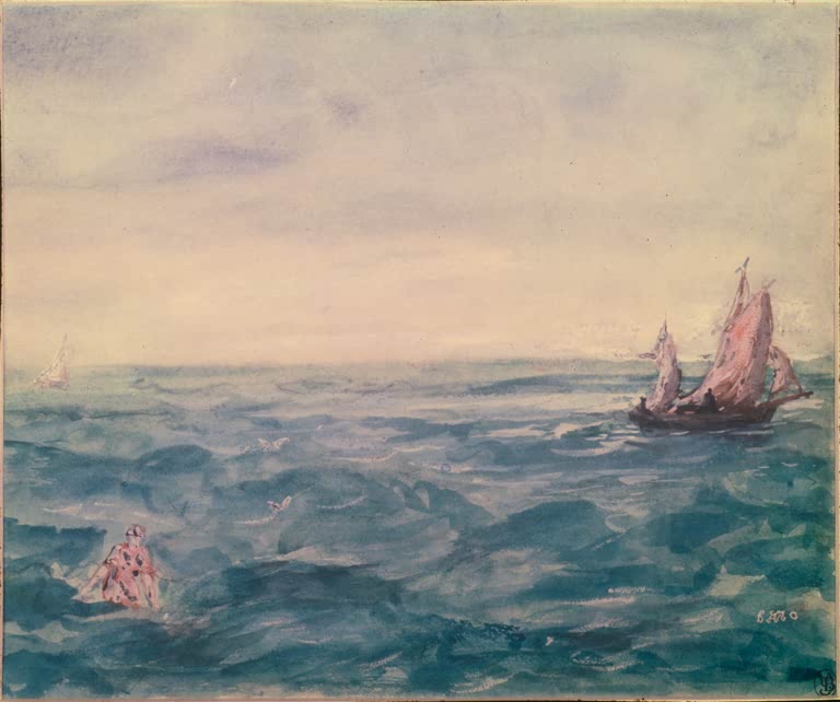 Édouard Manet Seestück mit Badender Kunstkopie, Segelboot und Schwimmerin auf türkisgrünem Meer unter hellem Himmel